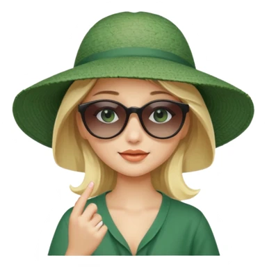 
blonde girl in dark green beach big hat adjusting sunglasses sticker
