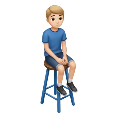 Generate a photorealistic image of a boy sitting on a stool. The scene is captured from a top-down perspective (bird's-eye view), looking directly down from above his head towards his feet. The background should be simple and clean. sticker
