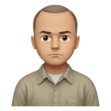 Carl from Sling Blade, serious expression, very detailed features,very recognizable features, chin sticking out, slouching posture, no glasses, shirt with collar,show his entire body, he is standing. three-quarter face angle view. He sticks his head forward. less apple style emoji.  sticker