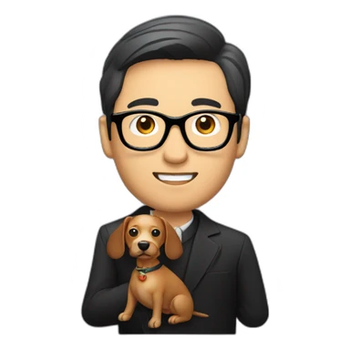 An asian man tailor wearing black framed glassed holding a sausage dog sticker