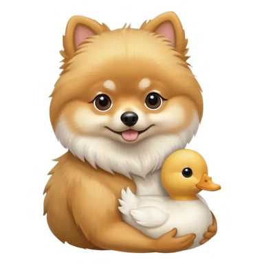 Pomeranian carrying a stuffed white toy ￼duck sticker