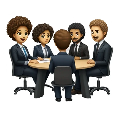 work meeting table 3 men and 4 women sitting on a table wearing suits the women have curly hair and one of the men is fat with a beard and of them is tanned with curly hair sticker