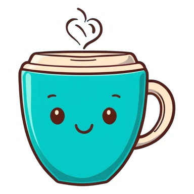 smiling hot coffee cup with heart-shaped steam, mocha brown tones, kawaii soft hand-drawn sticker