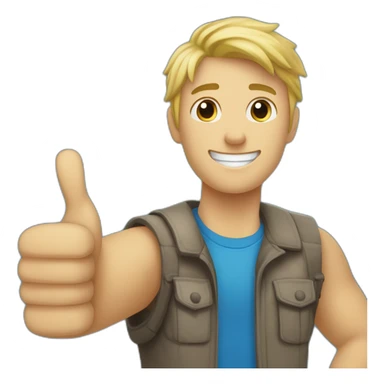 young man with blonde hair giving thumbs up, hand in foreground, head in background, blue t-shirt wide angle shot sticker