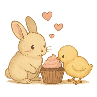 bunny and chick sharing cupcake with hearts floating, soft Ghibli style sticker