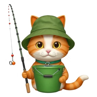 cat holding fishing rod with bucket hat green sticker