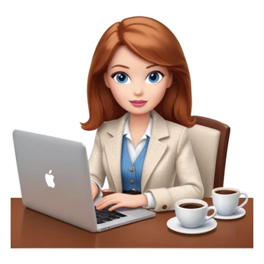 A Barbie girl with blue eyes, shoulder-length reddish-brown hair, made-up, wearing a white tweed jacket and beige skirt, is sitting at a table with a MacBook and a cup of coffee sticker
