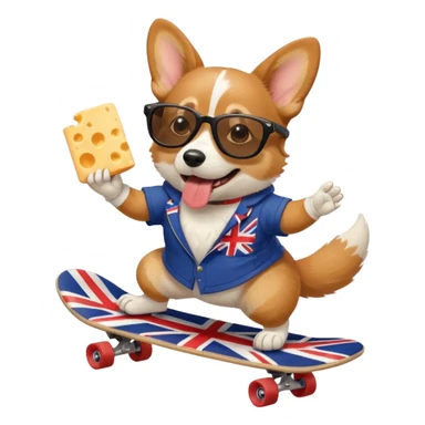Corgi Dog with sunglasses skateboarding Union Jack eating cheese sticker