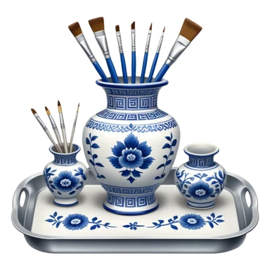 Metal painting icon, a metal vase with intricate designs in Gzhel and Chinese embroidery styles, placed on a metal tray, 3 paintbrushes beside it, minimalistic style, clean lines, transparent background. sticker