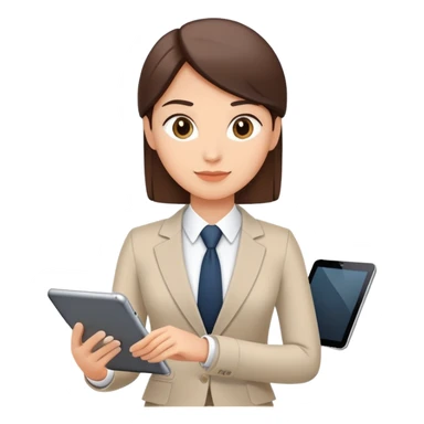 A flat-style illustration of a business executive confidently, holding a digital tablet or folder. The character wears smart business attire, clean cartoon style, white background, iOS emoji aesthetic. sticker