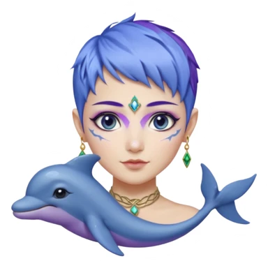 Frost wizard woman short pixie blue violet hair and cheek painted with a dolphin below eye with Asian eyes and Celtic jewelry sticker