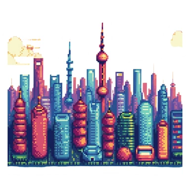 Shanghai city skyline, pixel art style, retro video game look, bright colors sticker