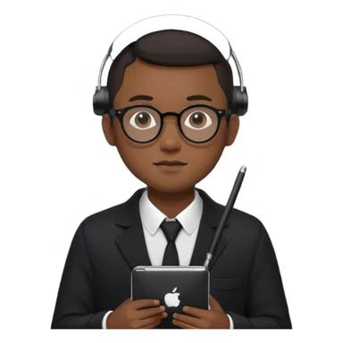 a asia man guy his 20s wearing an apple notebook, wearing bodyguard radio operator, round glasses, blackclothes sticker