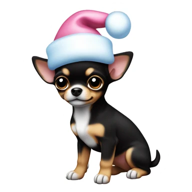black & tan chihuahua puppy full body light blue eyes pink christmas hat on sticker