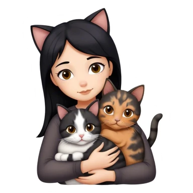 girl with black hair hugging three cats  (tortie cat, dark gray cat, brown calico cat) sticker