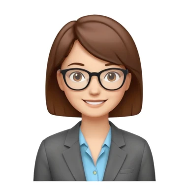 emoji-style illustrated avatar of a smiling woman with glasses and short brown hair, wearing a blazer, clean friendly minimal style, soft colors, subtle facial expression, plain or lightly colored background, modern vector illustration style for startup websites sticker