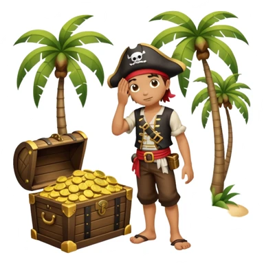 kid pirate with hand on forehead looking for something, one foot on treasure chest, palm trees in background sticker