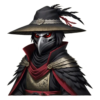 A fierce Kenku samurai with sleek black feathers, piercing crimson eyes glowing under the shadow of his straw hat. His sharp beak is partially covered by a black cloth mask, adding to his air of mystery. He wears layered black and crimson armor, intricate silver engravings etched into the metal plates. A long, tattered cloak billows behind him, worn from countless battles. His clawed hands grip the hilt of a curved katana, its polished blade reflecting the moonlight. Wisps of mist swirl around his taloned feet as he stands motionless sticker