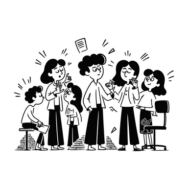 Messy group of confused teammates with mixed expressions and chaos sticker