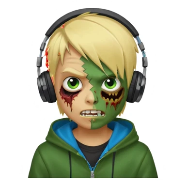 boy zombie whit blonde emo hair and eyes blue and GREEN SKIN and heandphones AND A MICROFONE AND GOLD TEETH and agesive face and the hoodie black sticker