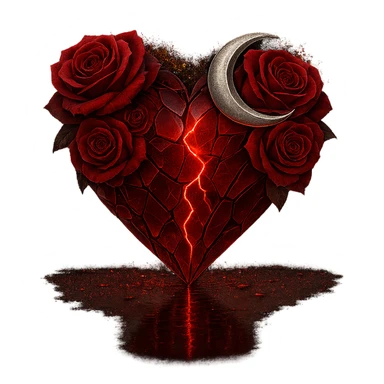 Edit the gothic heart to be formed from splintered deep red glass, silver crescent moon, red roses, sparkling holographic stardust, neon lightning, and a wet, reflective surface. Keep the background transparent. The style should maintain the gothic heart's original look with transparent background. sticker
