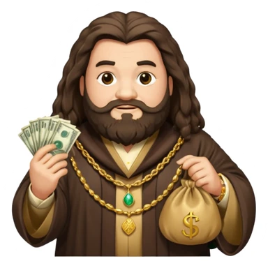 Hagrid from Harry Potter depicted as wealthy, wearing luxurious robes, gold jewelry, and holding a money bag, emoji style sticker