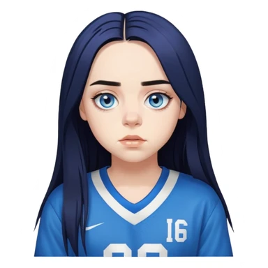 billie eilish singing long black hair blue eyes dark eyeliner makeup, wearing jersey sticker