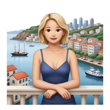jennifer lawrence, closeup portrait , leaning on a balcony with a harbor and cityscape in the background, smiling sticker
