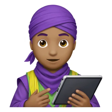 Donatello from Teenage Mutant Ninja Turtles, emoji style, using a tablet with a hacking screen and a bandana sticker