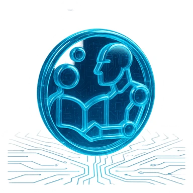 Add a subtle circuit pattern background to the logo, keeping the Tron-blue, high-tech, glowing style. Maintain the abstract figures around the book and the overall circle composition. No text. sticker
