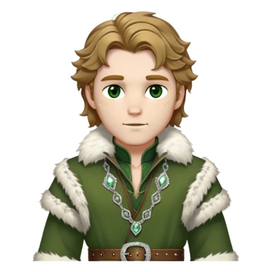 Medieval winter outfit worn by a DnD themed fantasy male character. Heavy olive green wool tunic with lynx fur collar, secured with ornate silver fastenings and a thick embossed leather belt. Clothes only above the waist, full waist coverage. The character has no arms. Character is white-skinned with golden brown hair, forest green eyes, and shoulder-length wavy hair with ice-crystal highlights. sticker