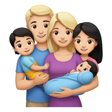 family with blond dad, brunette mom, blonde son, daughter with black hair, and a baby sticker