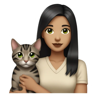 Girl with light skin, brown eyes, shoulder length straight black hair, wears a beige bluse outfit, with a silver bengal cat with Green eyes, holding in her arms sticker
