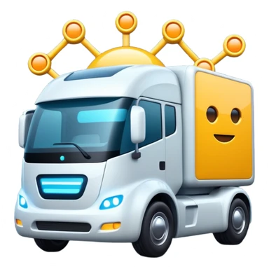 create a realistic emoji of a futuristic warehouse automation, autonomous trucks, smart drones, and glowing data networks — cinematic lighting, innovation atmosphere. sticker