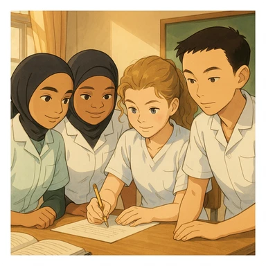 Quatre étudiants infirmiers, inspirés des quatre personnes sur les photos jointes, en style Ghibli, collaborant à l'intérieur. Uniformes blancs à manches courtes, col en V, poche poitrine à gauche, pas de stéthoscopes ni pied de col, avant-bras nus, cheveux longs attachés. Ambiance d'équipe et d'entraide. sticker