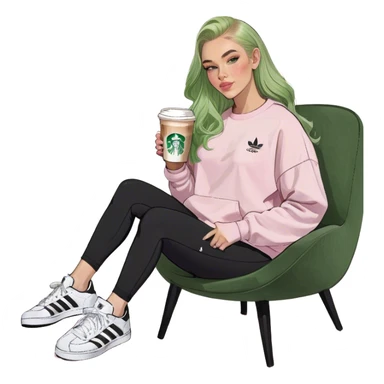 Girl long bright blonde hair middle part with rosy cheeks and plump mauve lips and green colored eyes wearing a white colored sweatshirt and black leggings, adidas OG Samba sneakers sitting in a large pink chair holding a latte sticker