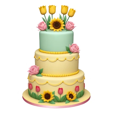 A large three teir cake with top layer decorated with roses, middle with Sunflowers and bottom layerwith Tulips and Happy Birthday Dear written on top. sticker