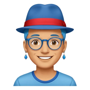 unique looking tourist with big unique red tourist fedora and earrings, man with lots of tattoes and spectacles, blue hair showing sticker