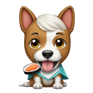 A dog eat a sushi with a dress sticker