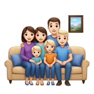 family posing for photo, living room background, closeup  sticker