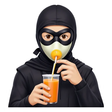 Masked man in dark clothing holding and drinking from a juice box with a straw, comical contrast between serious masked appearance and innocent juice sticker