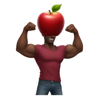 A African muscular hand and arm in a maroon t-shirt holding an apple sticker