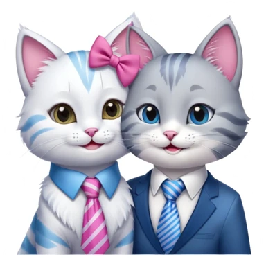 happy girl cat with bow and eyelashes wearing a bright necktie next to happy boy cat wearing a striped necktie, both cats smiling together sticker