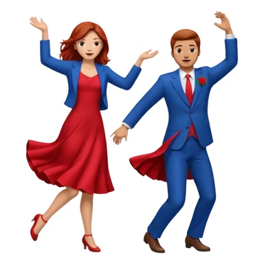 Two people dancing one wearing red and one wearing blue. Brown hair and red hair sticker