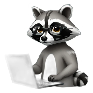 racoon wearing glasses and white tee working on a black laptop sticker
