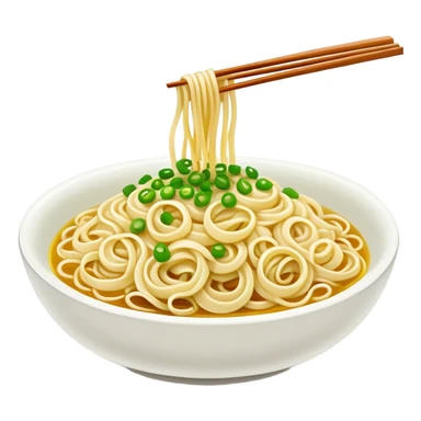 Shanghai Scallion Oil Noodles with green onion topping, simplified emoji style with bold outlines and bright colors, cartoon style simple Cong You Ban Mian sticker