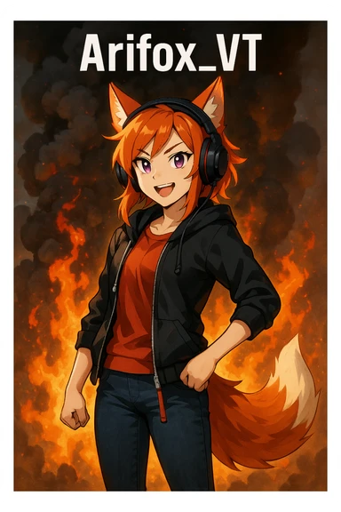 THE TWITCH AND YOUTUBE CHARACTER "ARIFOX_VT" STANDING IN FRONT OF SMOKE AND FIRE sticker