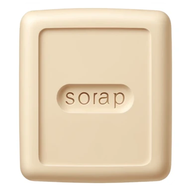 pale beige off-white rectangular soap bar with rounded edges, matte chalky finish, dense and firm, subtle top ridges or embossed mark, no packaging, no bubbles, soft lighting, subtle shadows, emoji scale sticker