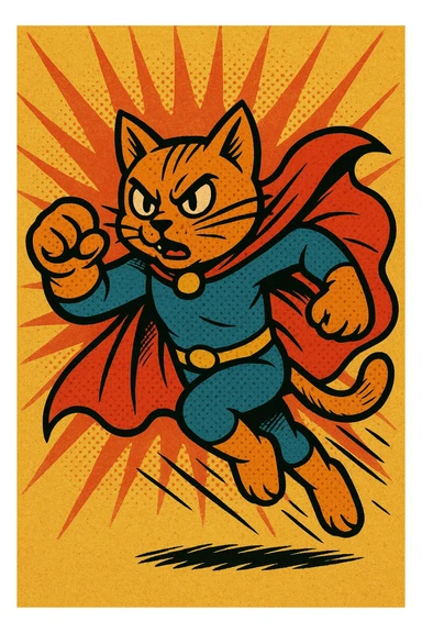 a superhero cat in action pose, old school comic book style sticker
