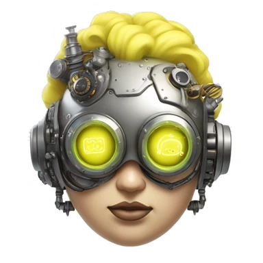 Fat Caucasian female cyborg head with Neon yellow bobbed hair, silver steampunk goggles and circuits sticker